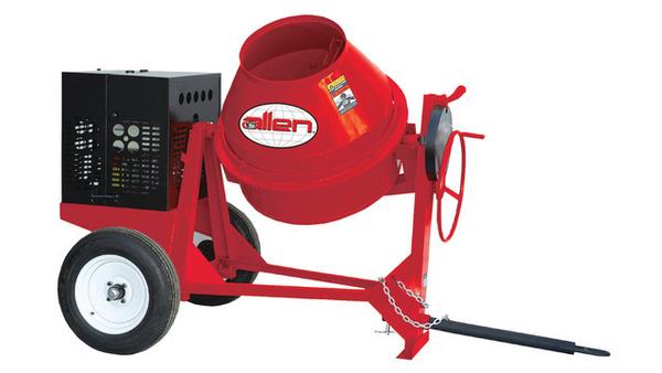 Portable red concrete mixer with wheels for construction projects.
