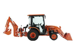 Kubota tractor with front loader and backhoe for construction and landscaping.